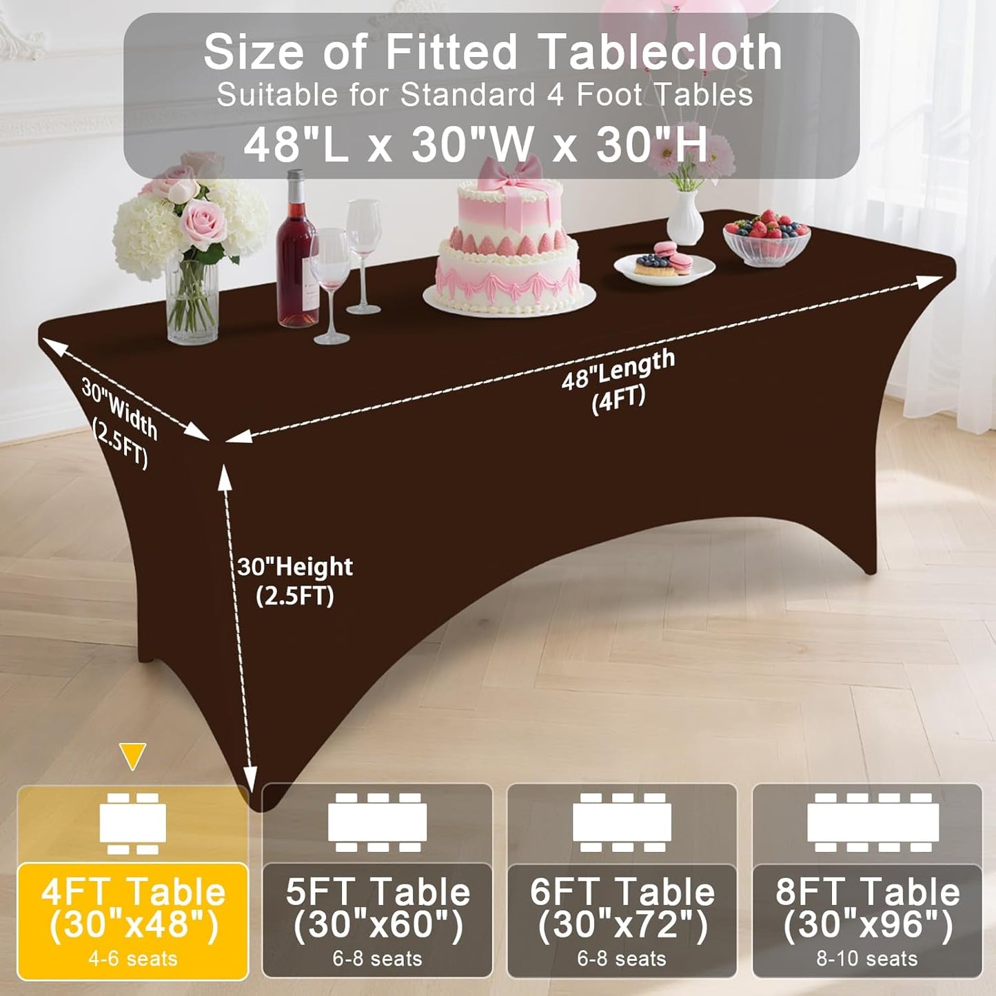 2 Pack Spandex Table Cloth 4FT, Elastic Fitted Stretch Tablecloths, Washable and Wrinkle Free Rectangular Patio Table Cover for Outdoor, Wedding, Banquet & Parties (Coffee, 48Lx30Wx30H Inch)