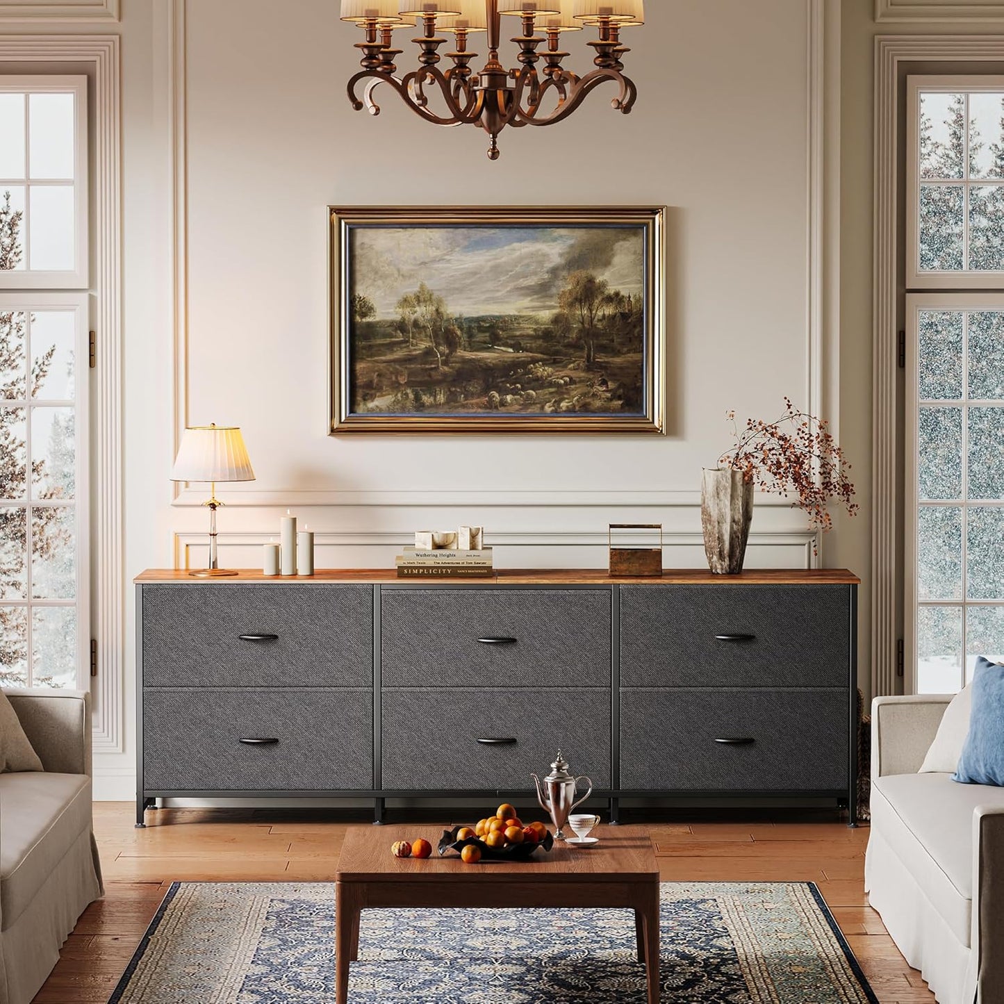 63-Inch Long Dresser and Wide TV Stand for 55-70 Inch TVs, 6-Drawer Storage Organizer with Fabric Drawers, Rustic Brown and Black Finish for Bedroom and Entryway