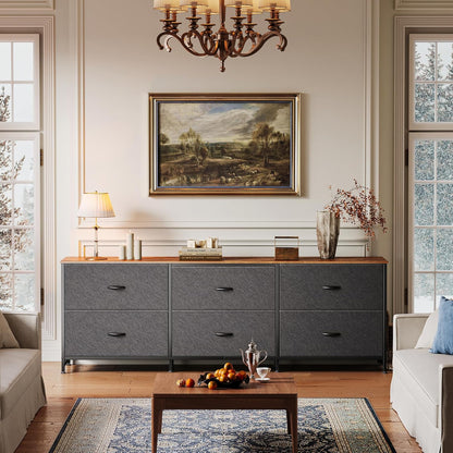 63-Inch Long Dresser and Wide TV Stand for 55-70 Inch TVs, 6-Drawer Storage Organizer with Fabric Drawers, Rustic Brown and Black Finish for Bedroom and Entryway