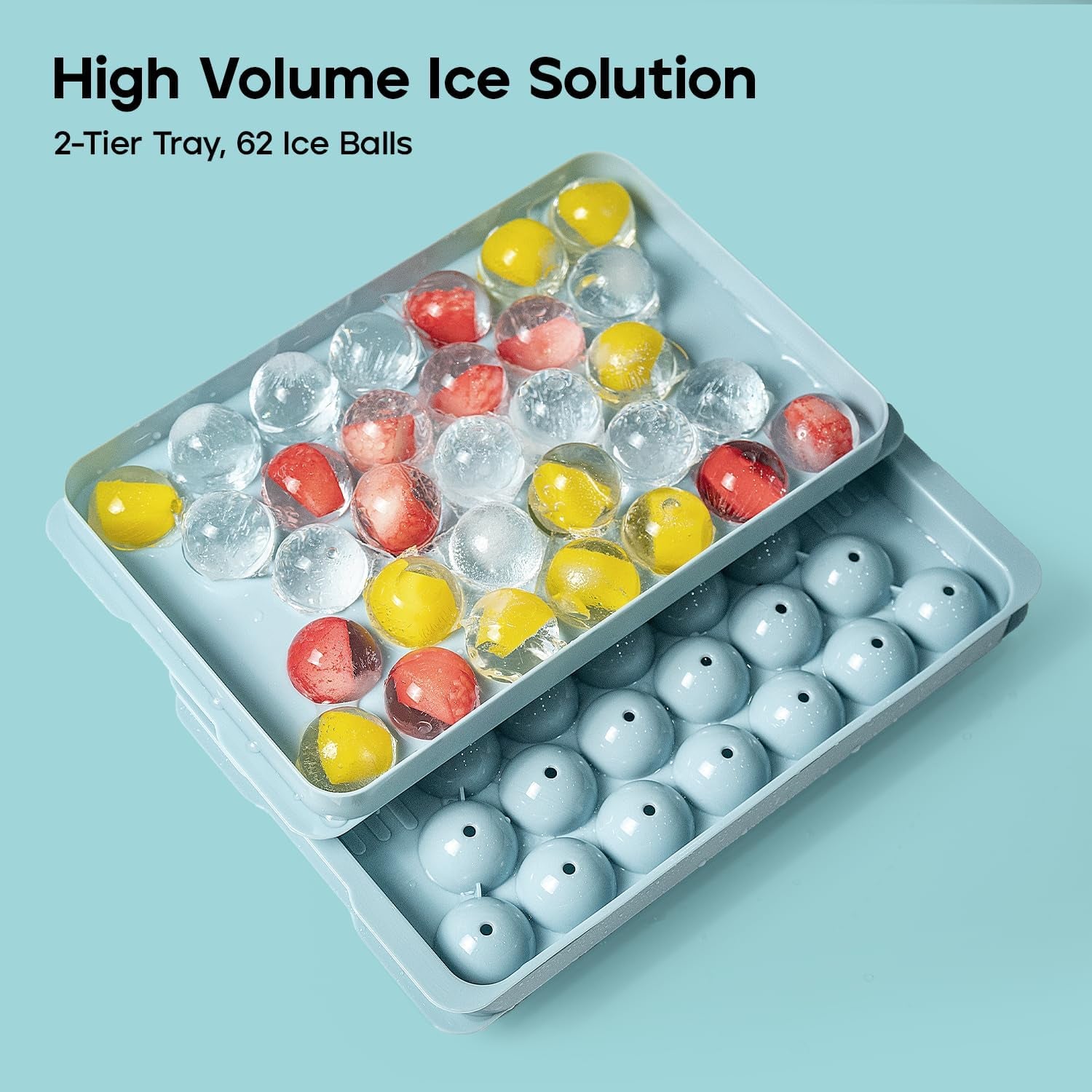 Ice Cube Tray with Lid - 62 round Ice Balls Maker, Bpa-Free, Space-Saving Stackable Ice Molds for Freezer, Easy Release Ice Trays for Cocktails & Drinks