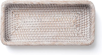 Rattan Bathroom Vanity Trays Toilet Tank Baskets Long Narrow Hand Towel Storage Basket for Storage, Decorative (Whitewash 10.2 X 4.9 X 1.6 Inch)