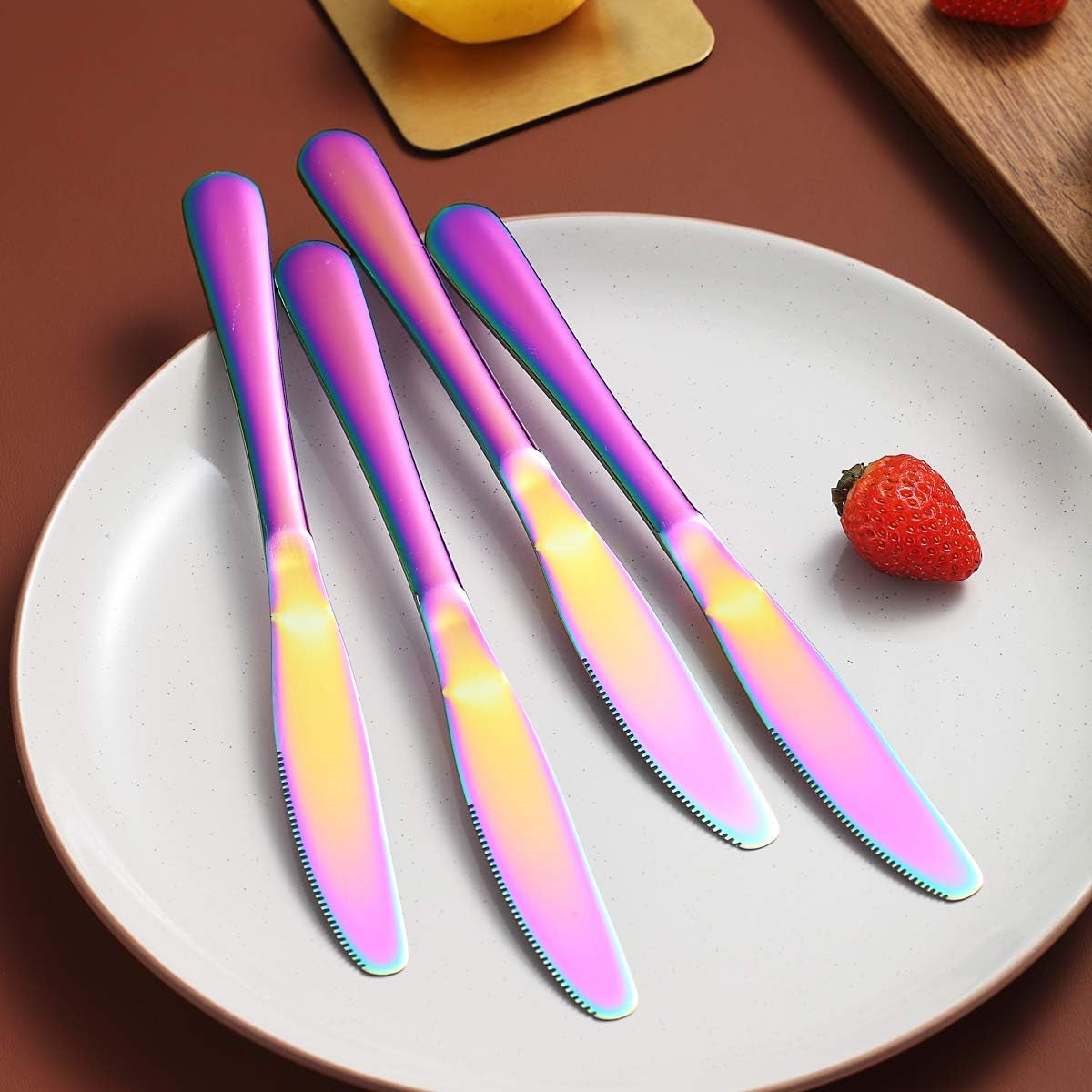 Set of 4 Rainbow Stainless Steel Dinner Knives with Titanium Plating - Colorful and Durable Table Cutlery, Dishwasher Safe
