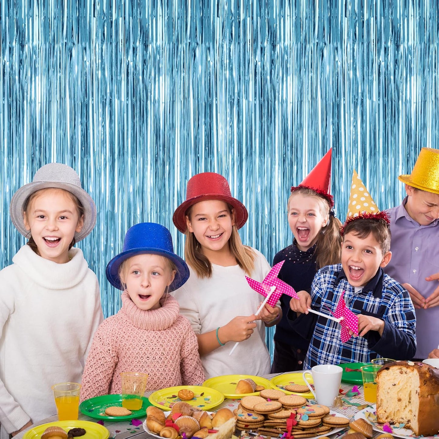 2 Pack Party Decorations, 3.28 FT X 7.05 FT Fringe Backdrop, Metallic Ocean Blue Foil Fringe Curtains Party Streamer Foil Backdrop, Light Blue Birthday Decorations Bachelorette Decor