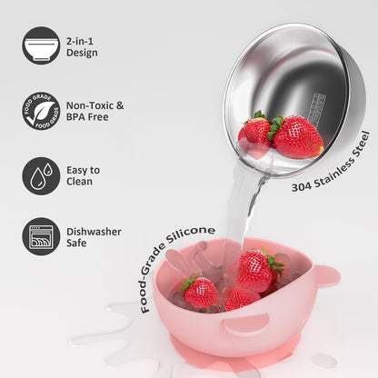 Stainless Steel Baby Bowls with Suction, 2-In-1 SUS304 Toddlers Bowl & Removable Silicone Suction Kids Bowl, anti Scald Non Toxic Snack Container for Baby Food Feeding, 4 Colors Set