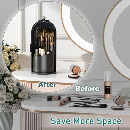 Makeup Brush Holder with Lid Cosmetic Tools Organizer 360 Rotating Waterproof Dustproof Beauty Brushes Storage for Vanity, Dark Black