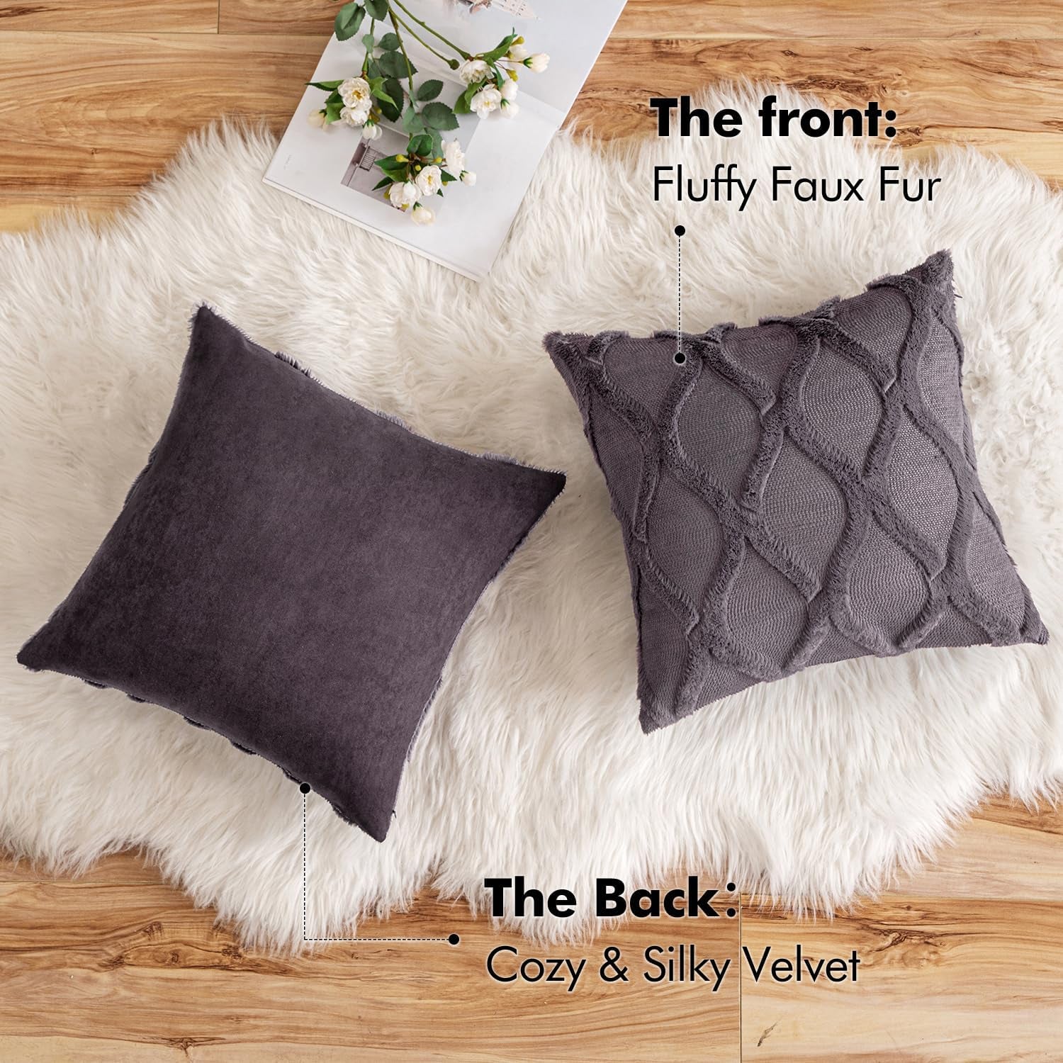 Decorative Throw Pillow Covers Blue Purple 18X18 Inch Set of 2, Soft Plush Faux Wool Couch Cushion Covers Farmhouse Throw Pillows for Couch Bed Sofa Living Room