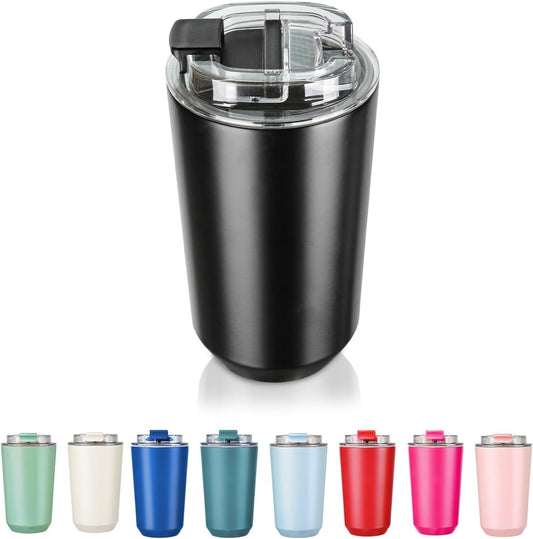 Insulated Tumblers with Lid, 14 Oz Travel Coffee Mug Stainless Steel Vacuum Cup, Leak Proof Reusable Double Walled Coffee Tumbler for Iced and Hot Drinks, Black