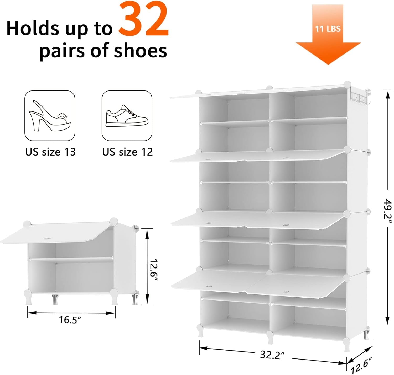 Shoe Rack, 8 Tier Shoe Storage Cabinet with Door, 32 Pair Shoe Organizer Shelves for Closet Hallway Bedroom Entryway, White