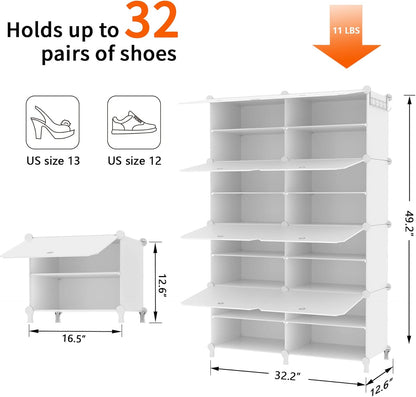 Shoe Rack, 8 Tier Shoe Storage Cabinet with Door, 32 Pair Shoe Organizer Shelves for Closet Hallway Bedroom Entryway, White