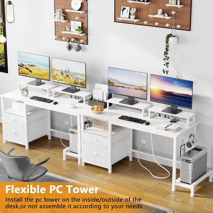 47" Computer Desk with File Cabinet and Power Outlets, Home Office Desk with 2 Monitor Stands and Storage Drawer, Writing Gaming Table with Shelves and 2 Hooks for Bedroom, White