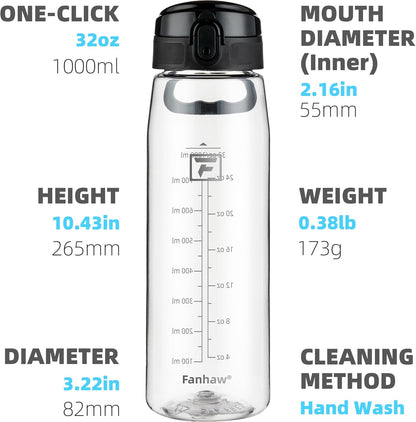 32 Oz Tritan Water Bottle with Chug Lid - Clear, Bpa-Free, Lightweight, Wide Mouth, Leak-Proof, Perfect for Gym, Travel, School, Office, and Sports (Clear & Black)