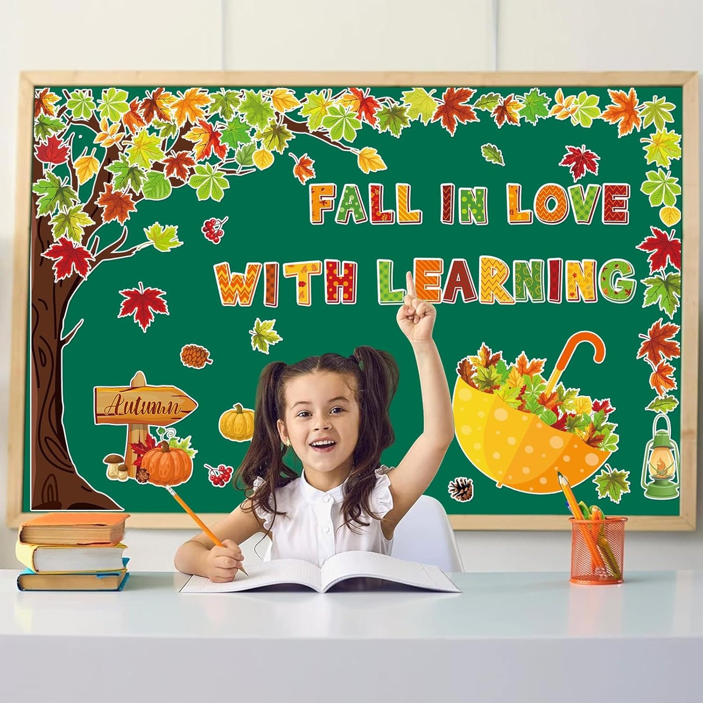 91Pcs Fall in Love with Learning Bulletin Board Decor Set Fall Tree Pumpkin Maple Leaves Umbrella Cutouts with Glue Points for Thanksgiving Autumn Home School Classroom Wall Blackboard Decorations