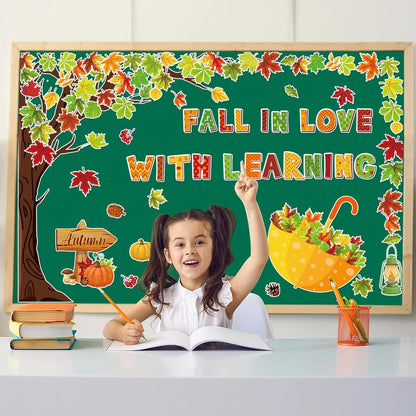 91Pcs Fall in Love with Learning Bulletin Board Decor Set Fall Tree Pumpkin Maple Leaves Umbrella Cutouts with Glue Points for Thanksgiving Autumn Home School Classroom Wall Blackboard Decorations
