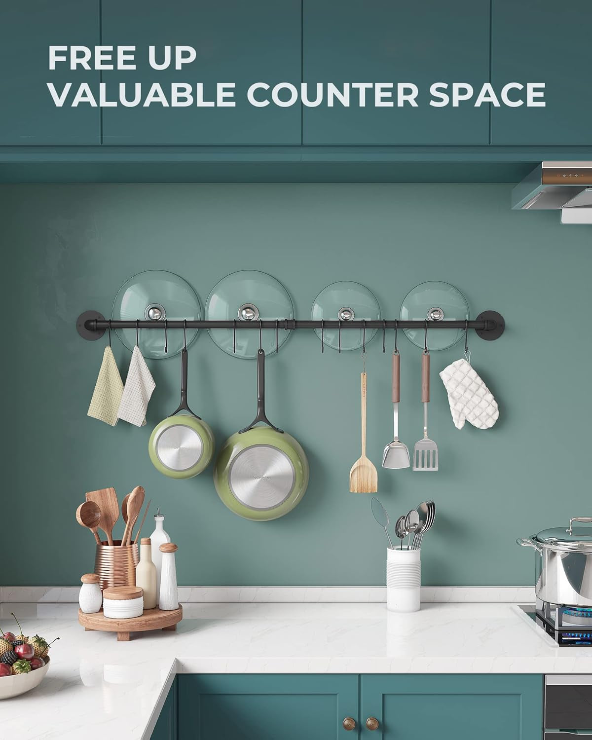 38 Inch Pot Bar Rack Wall Mounted Detachable Pans Hanging Rail Kitchen Lids Utensils Hanger with 14 S Hooks Black