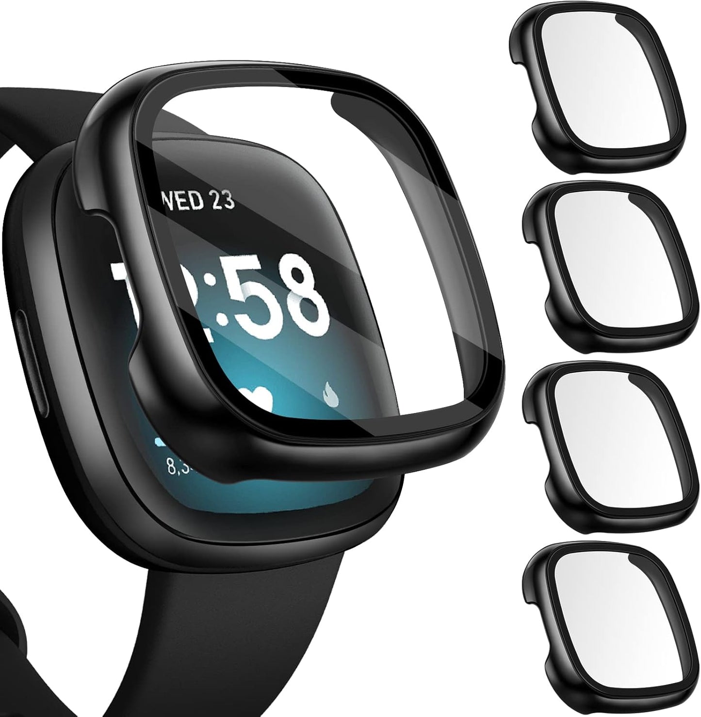 [4 Pack] Screen Protector Tempered Glass for Fitbit Sense/Versa 3, Hard PC Case with Bumper Cover Sensitive Touch Full Coverage Protective Case for Sense/Versa 3 Smart Watch, Black