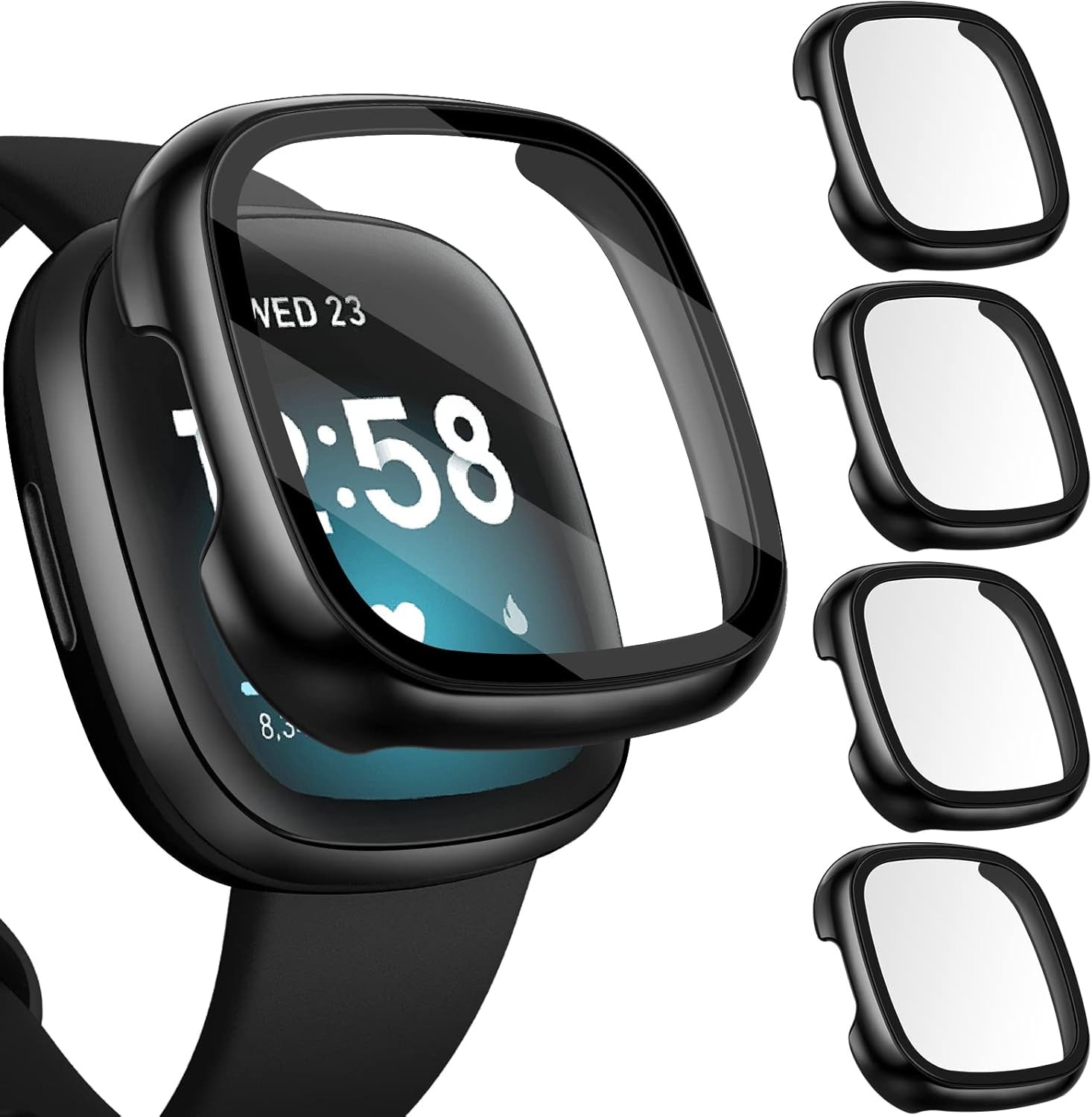 [4 Pack] Screen Protector Tempered Glass for Fitbit Sense/Versa 3, Hard PC Case with Bumper Cover Sensitive Touch Full Coverage Protective Case for Sense/Versa 3 Smart Watch, Black