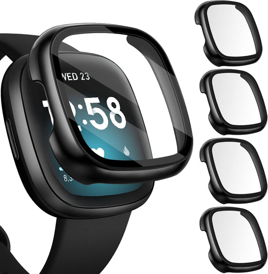 [4 Pack] Screen Protector Tempered Glass for Fitbit Sense/Versa 3, Hard PC Case with Bumper Cover Sensitive Touch Full Coverage Protective Case for Sense/Versa 3 Smart Watch, Black