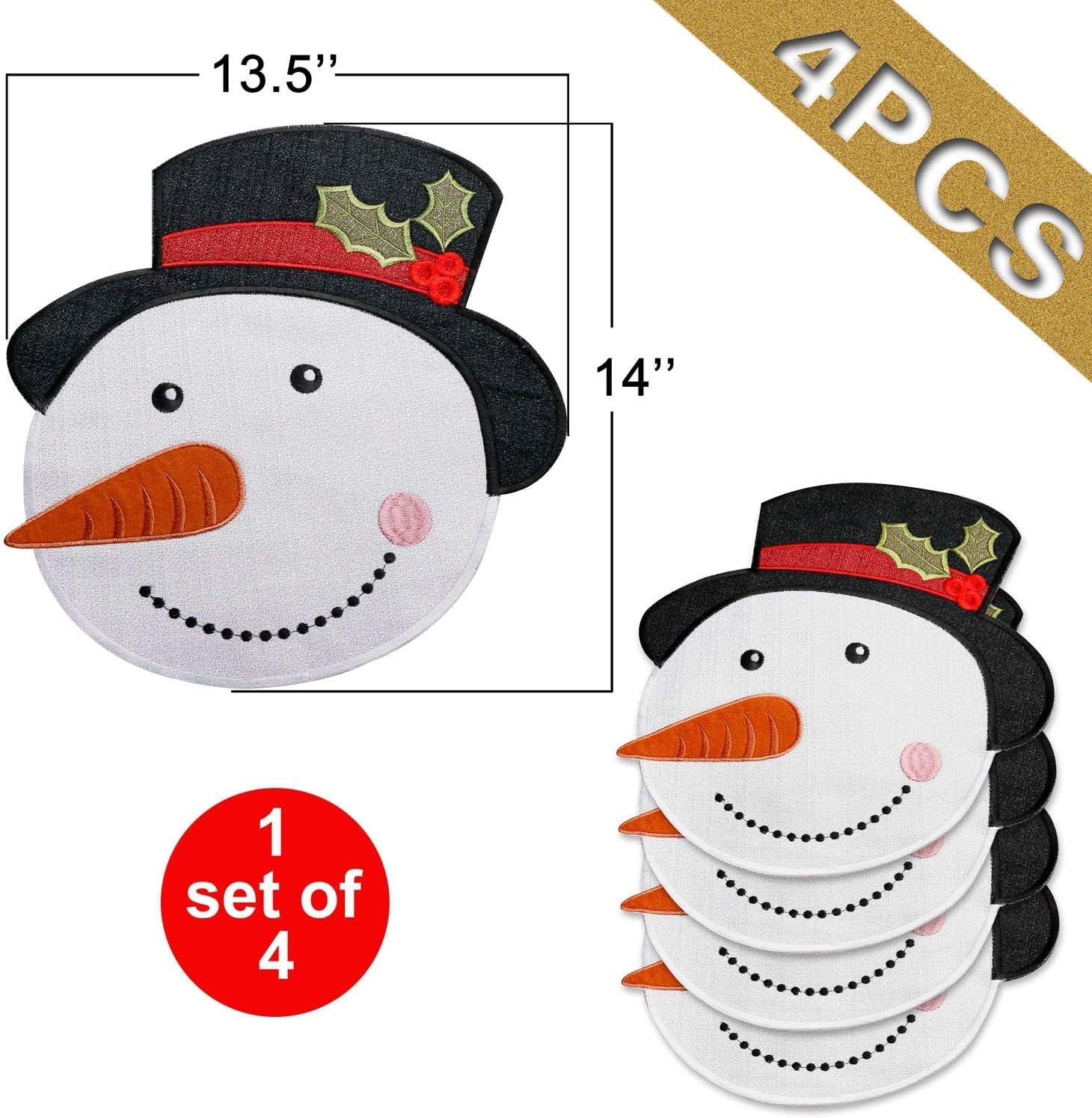 Christmas Placemats Set of 4, Xmas White Snowman round Place Mats for Holiday Kitchen Dining Table, Burlap Embroidered Doilies with Red and Green for Kids, Xmas, Parties, Machine Washable