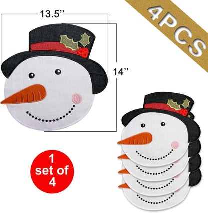 Christmas Placemats Set of 4, Xmas White Snowman round Place Mats for Holiday Kitchen Dining Table, Burlap Embroidered Doilies with Red and Green for Kids, Xmas, Parties, Machine Washable