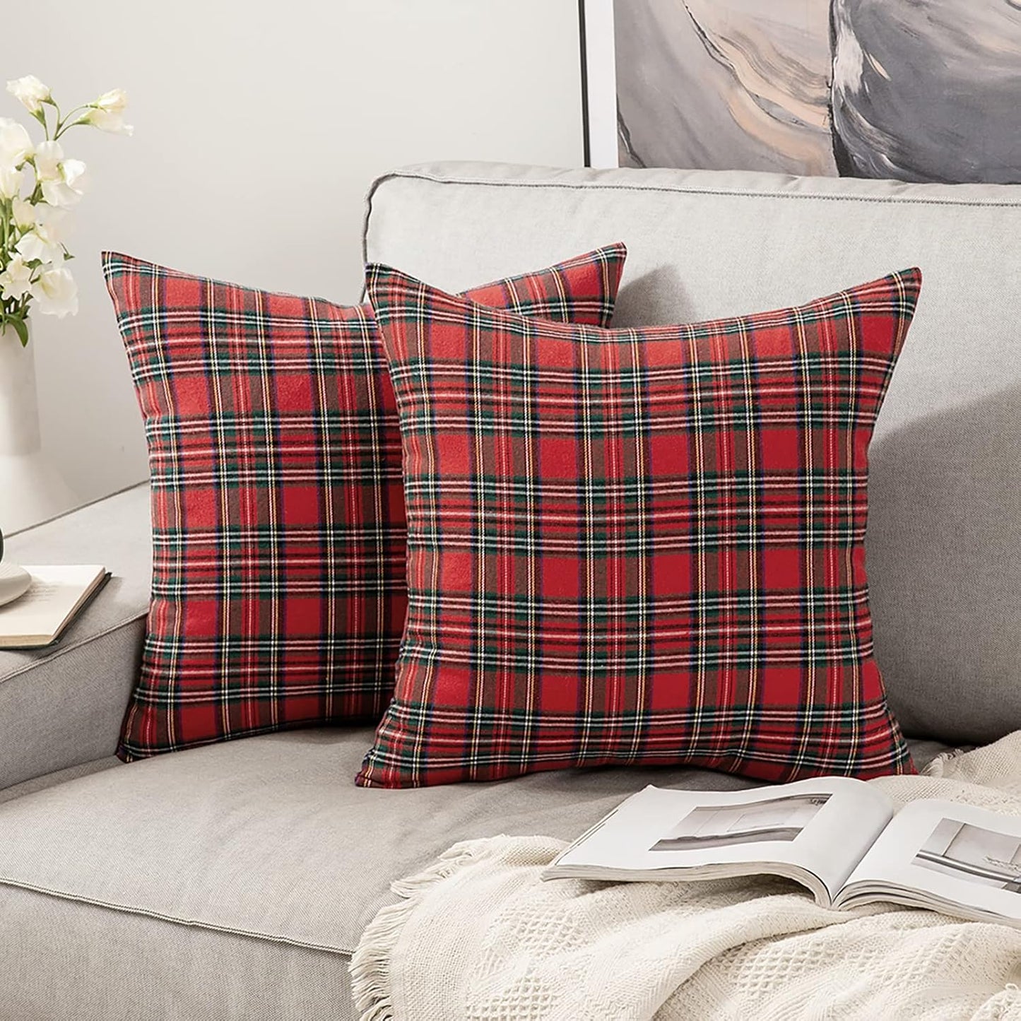 Christmas Set of 2 Scottish Tartan Plaid Throw Pillow Covers Farmhouse Classic Decorative Outdoor Square Cushion Cases for Home Decor Sofa Couch 18X18 Inch, Red