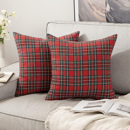 Christmas Set of 2 Scottish Tartan Plaid Throw Pillow Covers Farmhouse Classic Decorative Outdoor Square Cushion Cases for Home Decor Sofa Couch 18X18 Inch, Red