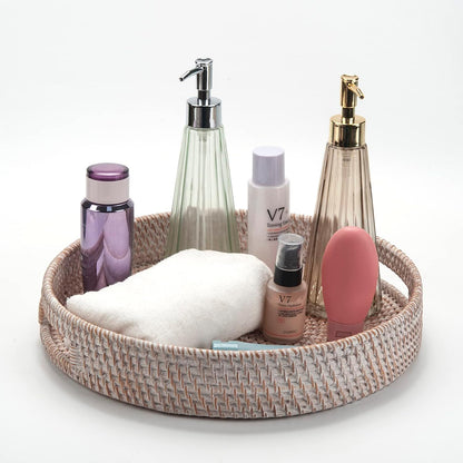 Coffee Table Tray round Rattan Ottoman Tray Woven Serving Trays with Handles for Home and Kitchen Decorative White (Large 14 Inch X 2.8 Inch)