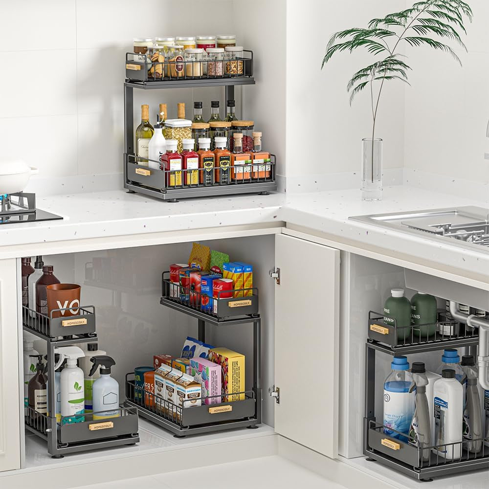 Under Sink Organizer, Pull Out Kitchen Cabinet Organizer, 2-Tier Metal under Sink Organizers and Storage Height-Adjustable, Kitchen Bathroom Organizers and Storage Shelves, Black