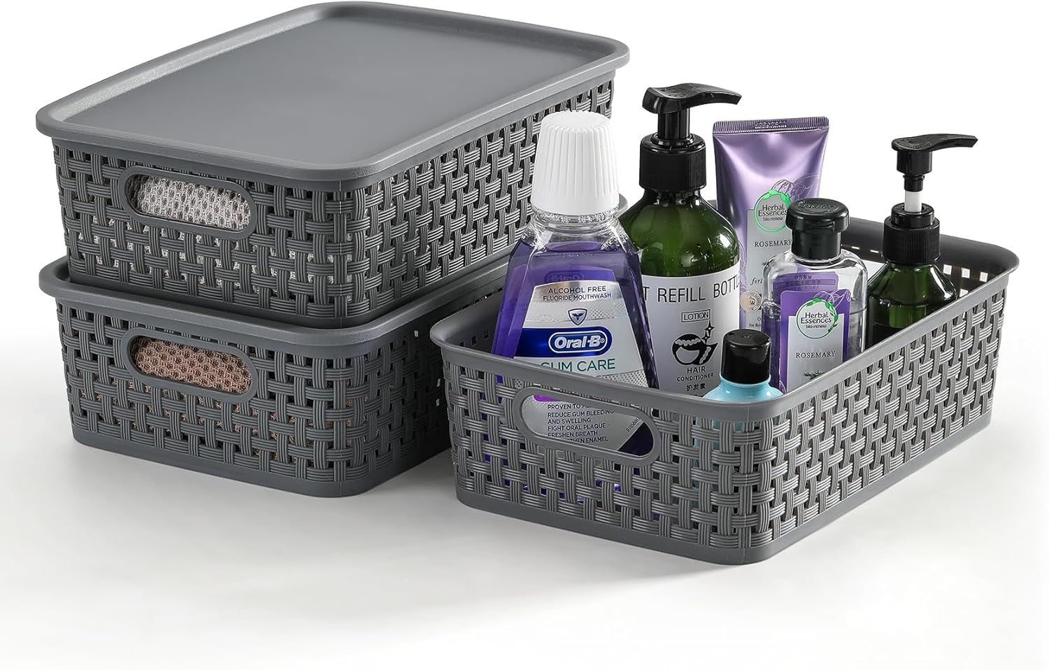 [ 12 Pack ] Plastic Storage Baskets with Lids, Small Pantry Organization, Stackable Storage Bins, Household Organizers for Cabinets, Countertop, Drawers, under Sink or on Shelves,Gray