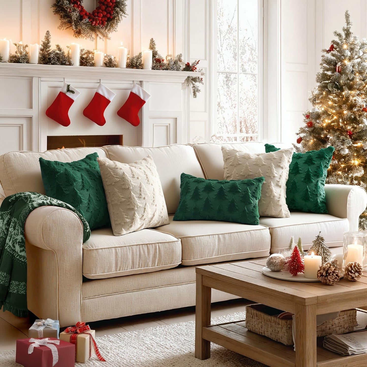 Christmas Throw Pillow Covers Beige Christmas Decorations Set of 2 Xmas Tree 18X18 Pillow Covers Soft Plush Faux Wool Pillowcases Holiday Festivals Winter Home Decor Sofa Couch Bed Porch