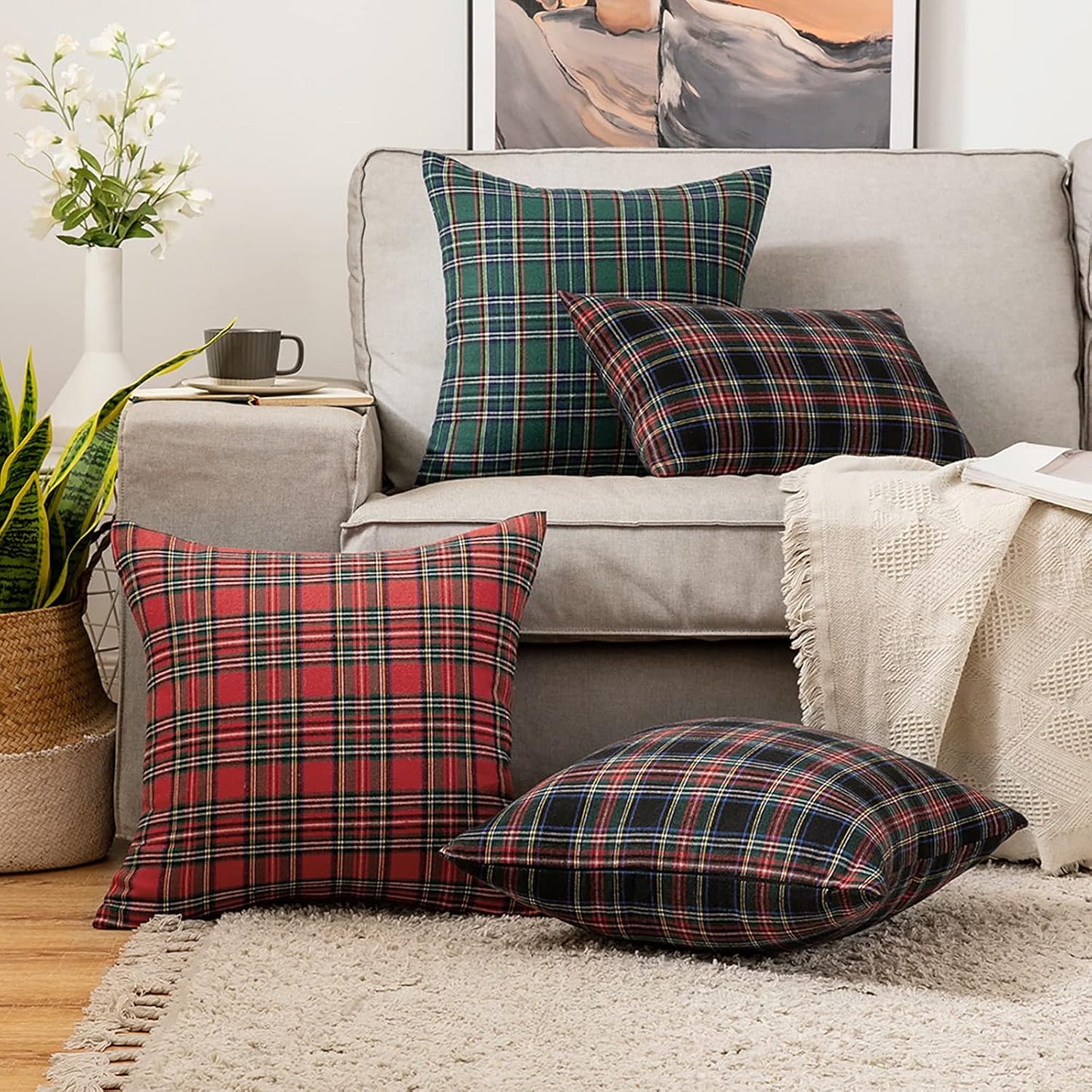 Christmas Set of 2 Scottish Tartan Plaid Throw Pillow Covers Farmhouse Classic Decorative Outdoor Square Cushion Cases for Home Decor Sofa Couch 18X18 Inch, Red