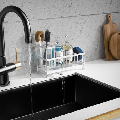 Extra Large Kitchen Sink Caddy, Rustproof Sponge Holder for Kitchen Sink with High Brush Holder, Stainless Steel White Kitchen Caddy Sink Countertop Organizer, Sponge Caddy for Kitchen Sink