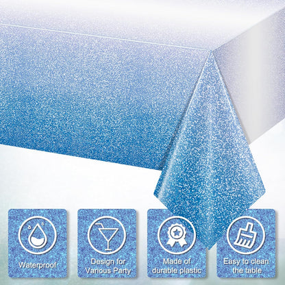 1 Pack Ombre Blue Plastic Tablecloth for Parties, Gradient Pastel Blue Disposable Tablecloths for Rectangle Tables, Sprinkle Table Cover for Wedding Birthday Anniversary Party, 54 X 108Inch