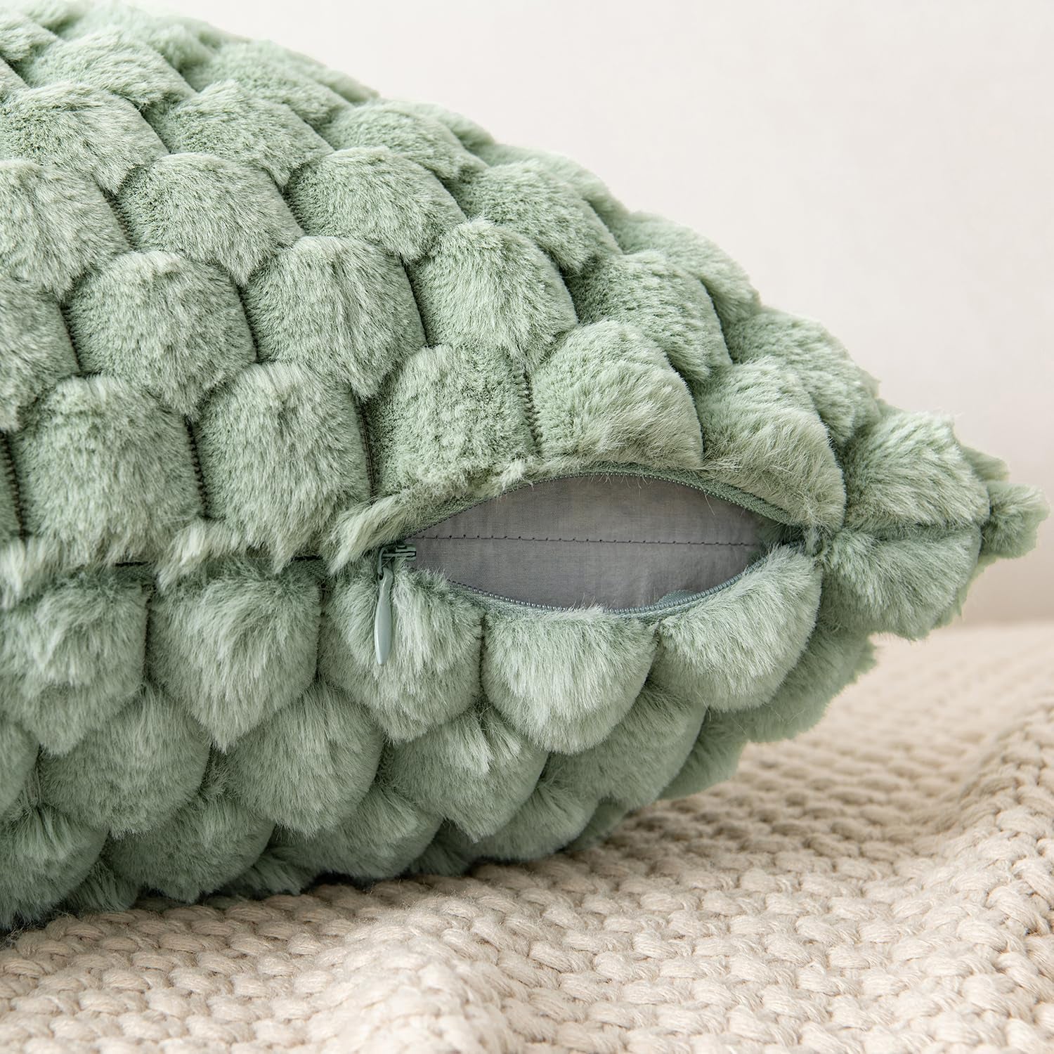 Sage Green Faux Fur Decorative Throw Pillow Covers 18X18 Inch Set of 2 Super Soft Cozy Plush Cushion Cases Luxury Fluffy Pillowcases for Sofa Couch Bed Living Room