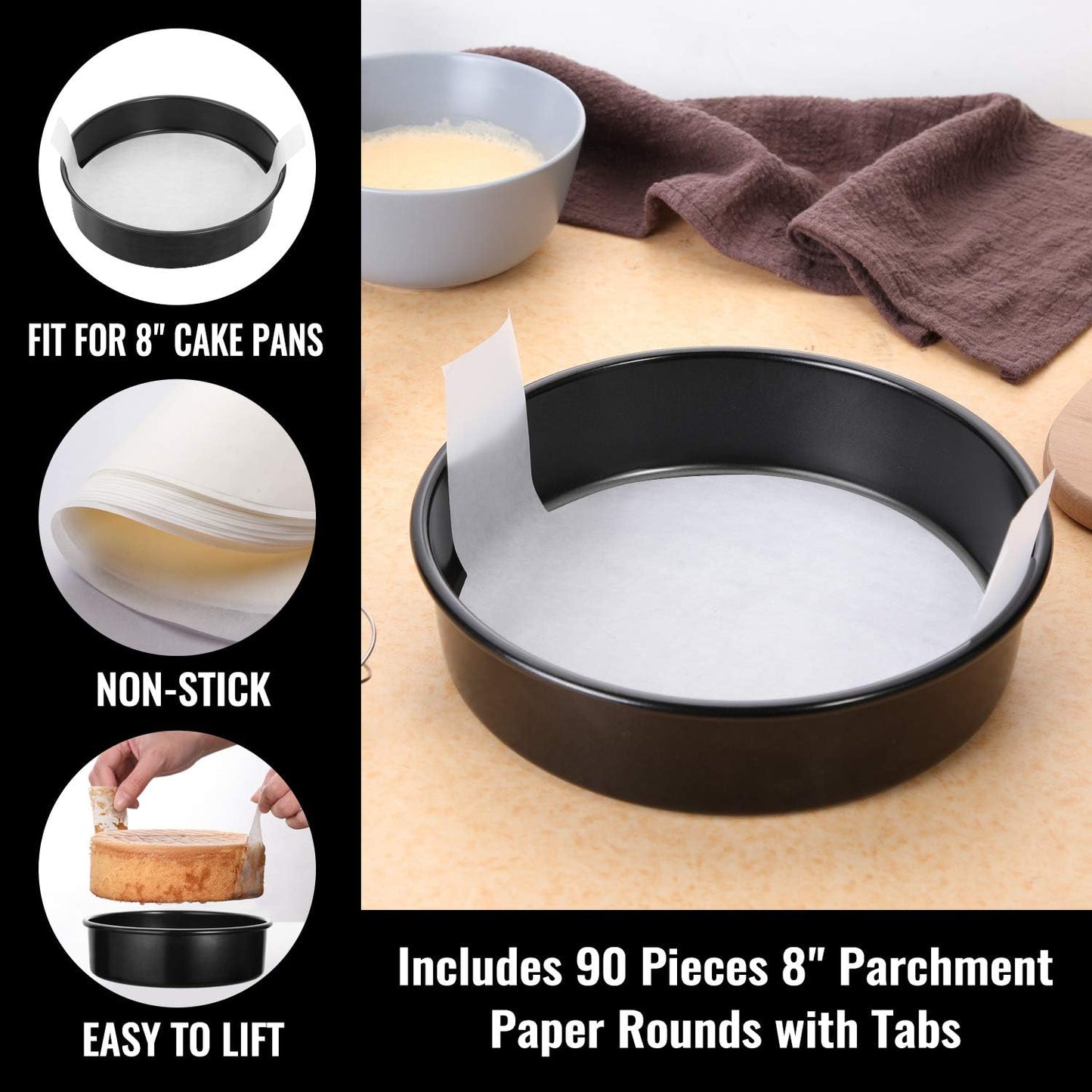 8-Inch round Cake Pan Set of 3, Nonstick Baking Cake Pans with 90 Pieces Parchment Paper, Dishwasher Safe