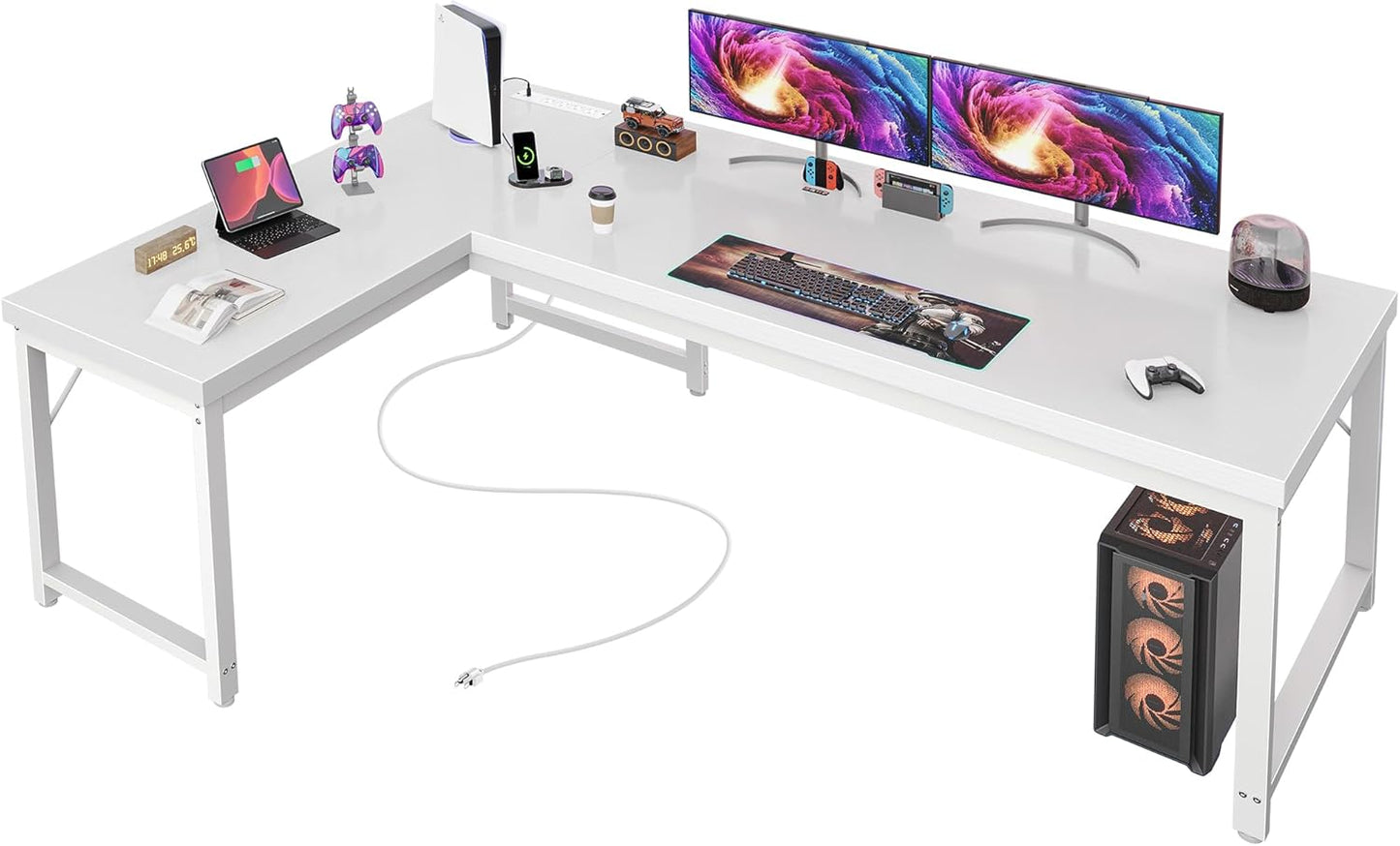 63-Inch L-Shaped Desk with Integrated Power Outlets and USB-C Port, Reversible Design, Spacious Corner Gaming and Office Desk, 0.95-Inch Thick Desktop, Sturdy Metal Frame, Ideal for Home Office and Study, White Finish
