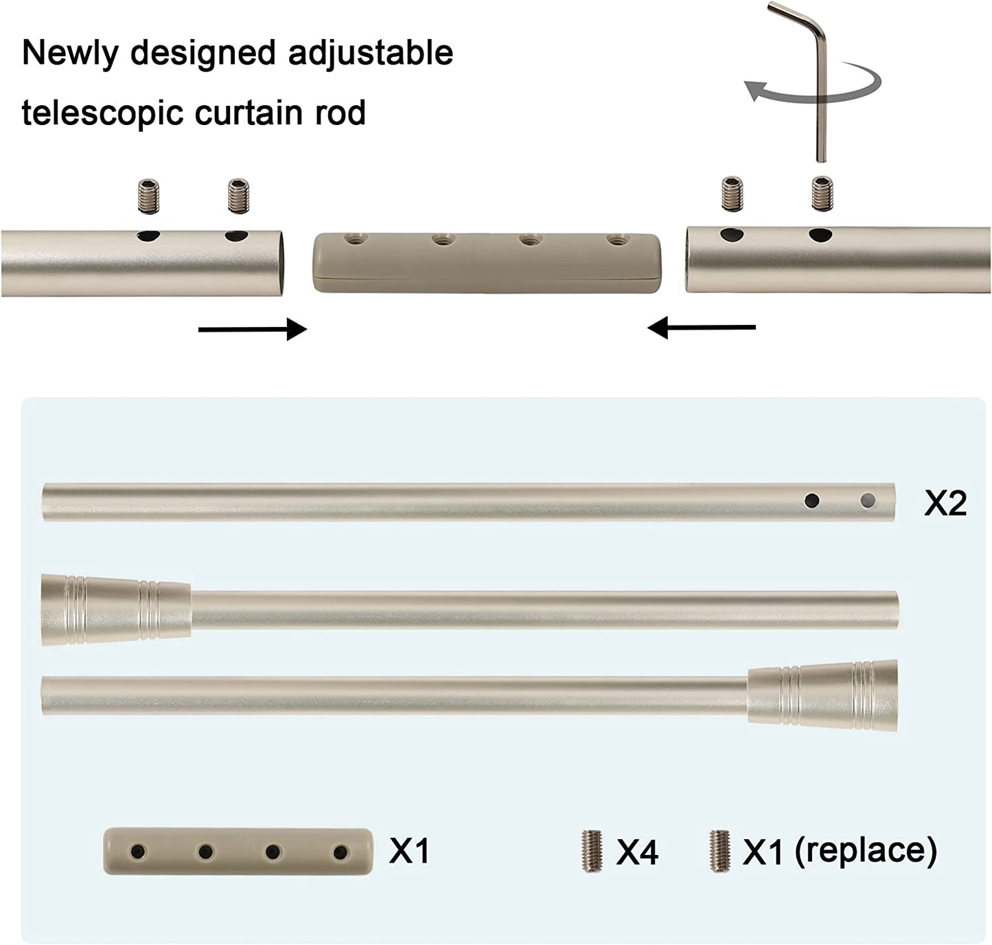 Window Curtain Rods for Windows 30 to 48 Inches Splicing Adjustable 3/4 Inch Diameter Single Window Curtain Rod Set with Cylindrical Finials, Nickel