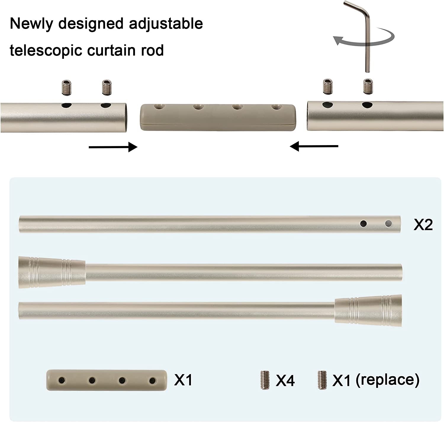 Window Curtain Rods for Windows 30 to 48 Inches Splicing Adjustable 3/4 Inch Diameter Single Window Curtain Rod Set with Cylindrical Finials, Nickel