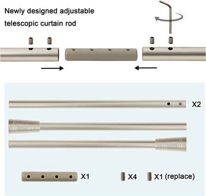 Window Curtain Rods for Windows 30 to 48 Inches Splicing Adjustable 3/4 Inch Diameter Single Window Curtain Rod Set with Cylindrical Finials, Nickel