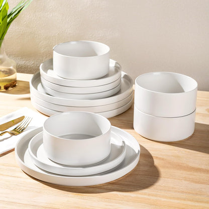 Ceramic Dinnerware Set for Four - Stoneware Plates and Bowls, Chip and Scratch Resistant, Dishwasher, Microwave, and Oven Safe, Reactive Glaze in White