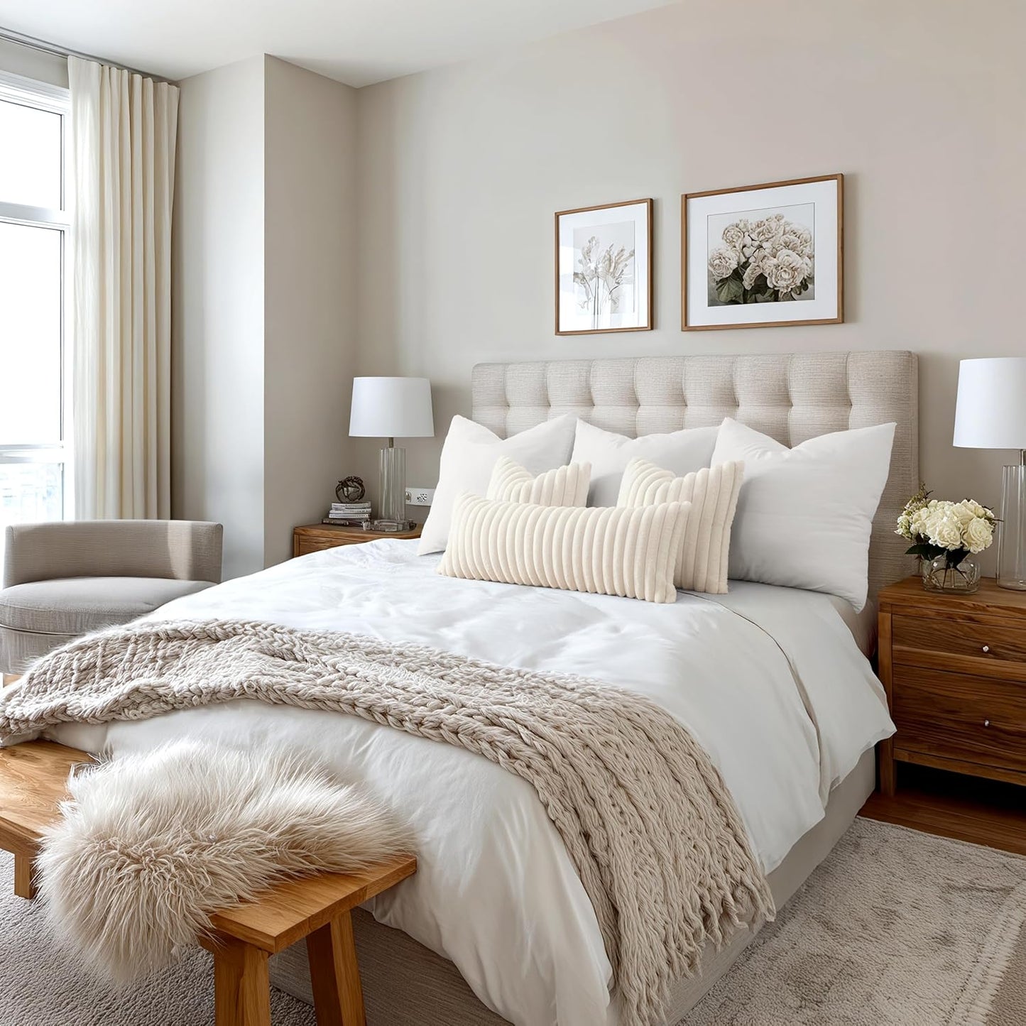 Faux Fur Decorative Throw Pillow Covers, 18x18 Inch Set of 2, Modern Plush Couch Cushions for Spring Home Décor in Beige