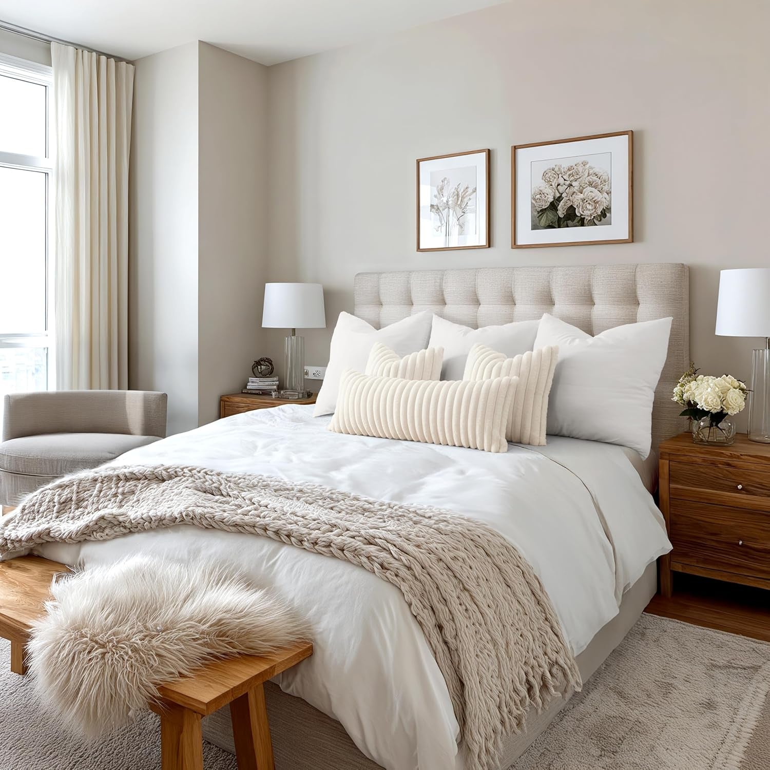 Faux Fur Decorative Throw Pillow Covers, 18x18 Inch Set of 2, Modern Plush Couch Cushions for Spring Home Décor in Beige