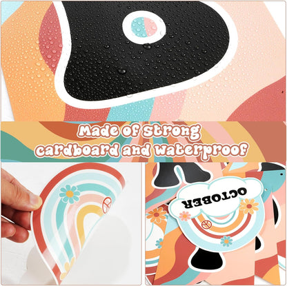 85Pcs Retro Classroom Happy Birthday Buletin Boards Set, Groovy Rainbow Theme Chart Calendar Posters with Glue Point for Kindergarten Prechool Wall Decorations