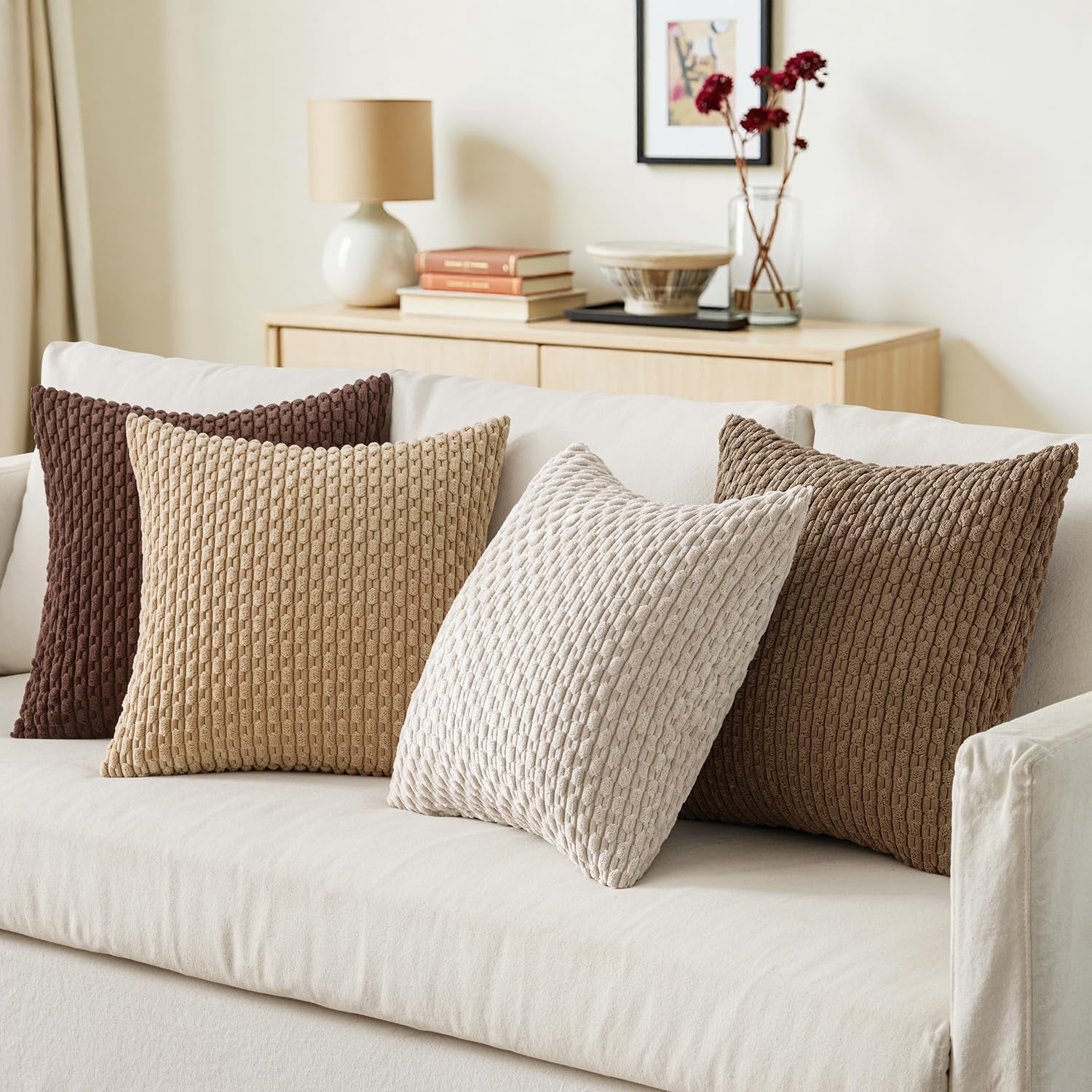 Throw Pillow Covers Soft Couch Decorative Set of 4 Boho Striped Cushion Covers Corduroy Pillowcases Farmhouse Accent Home Decor for Fall Couch Bed Sofa Living Room 18X18 Inch Brown