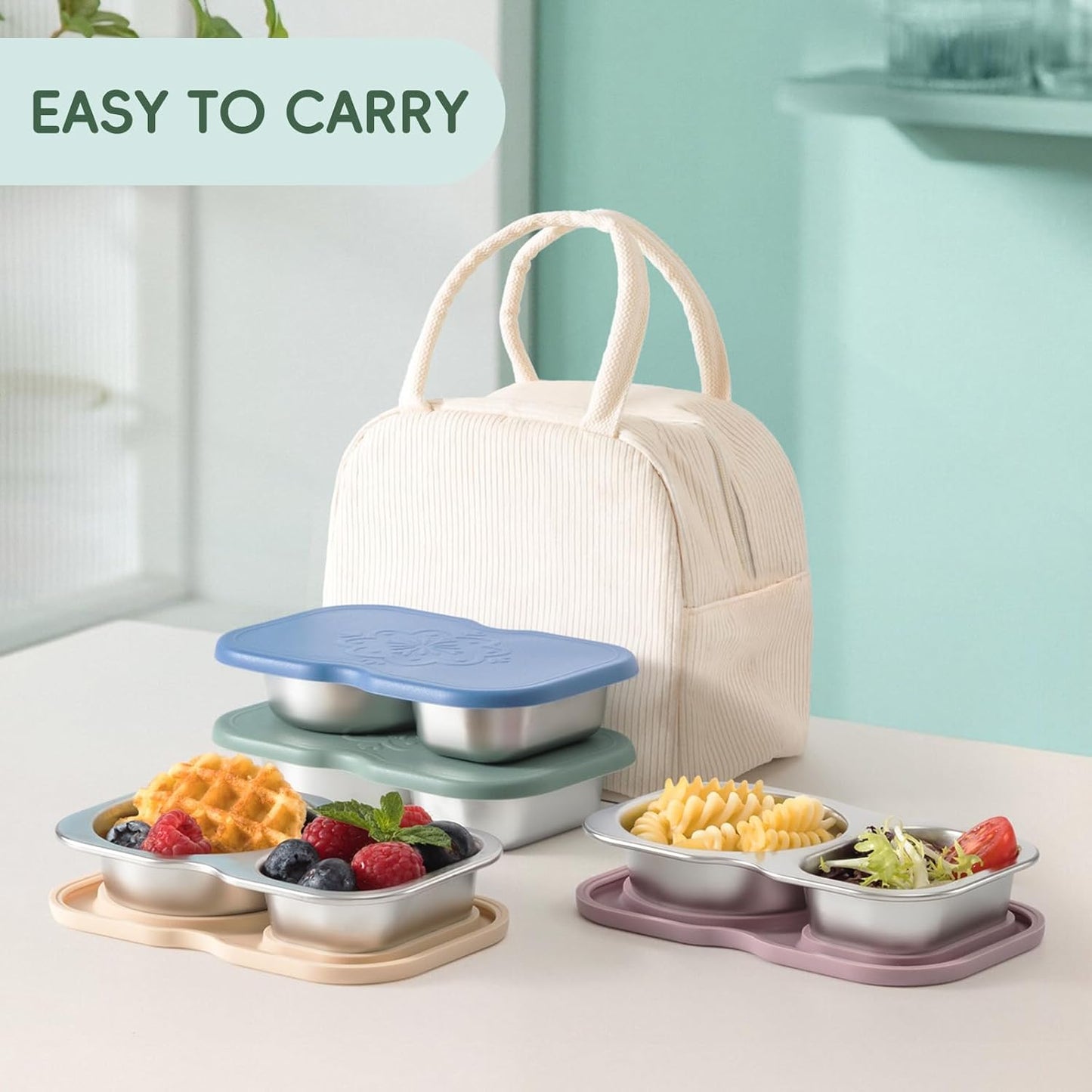 2 Pack Stainless Steel 2-Compartment Small Snack Containers with Lids, Reusable Snack Pack Containers, Lunch Box Accessories,Double Compartment Salad Dressing Containers to Go, 5.3Oz