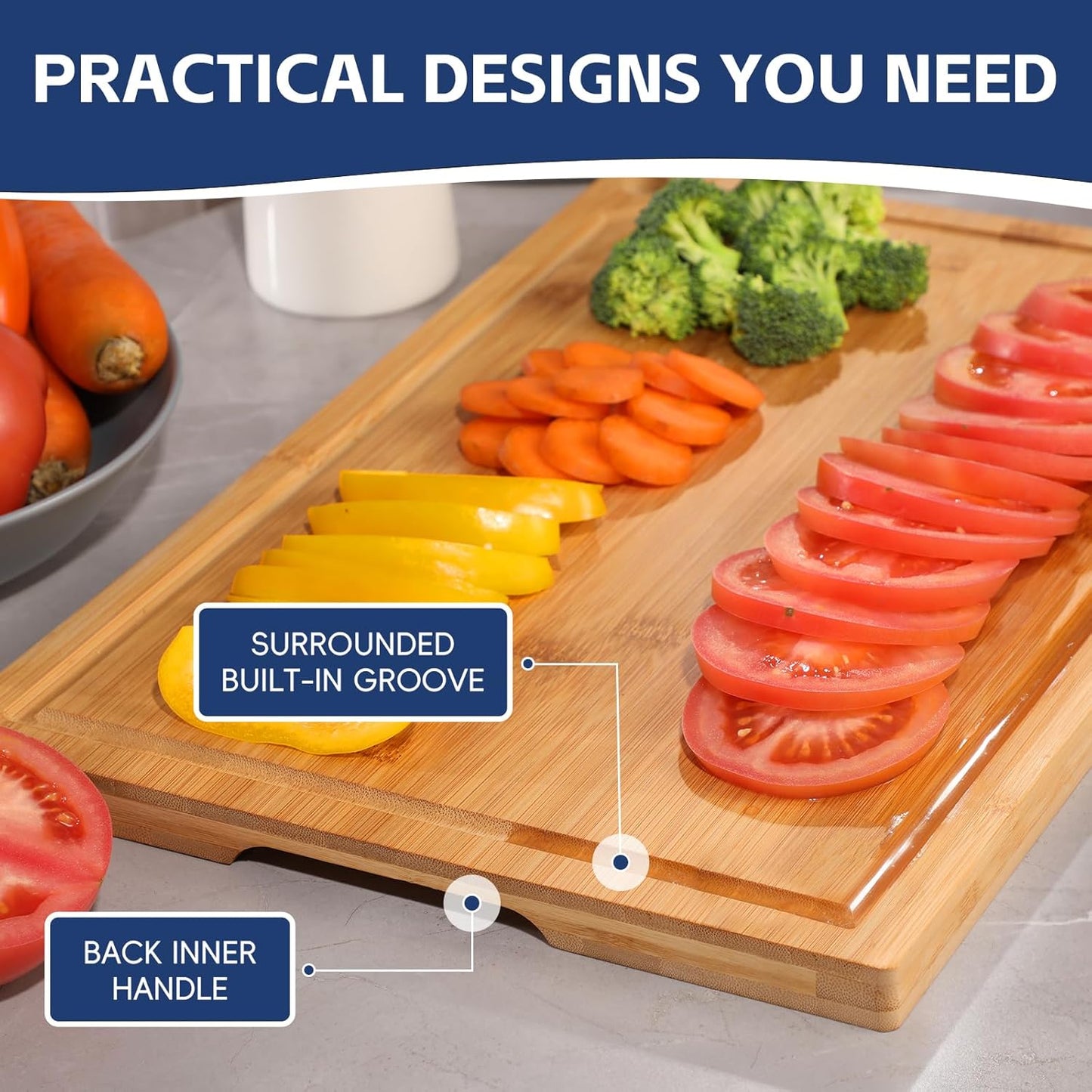 3-Piece Bamboo Cutting Boards for Kitchen, Heavy Duty Bamboo Cutting Board with Juice Groove, Wood Cutting Board Set for Meat, Vegetables