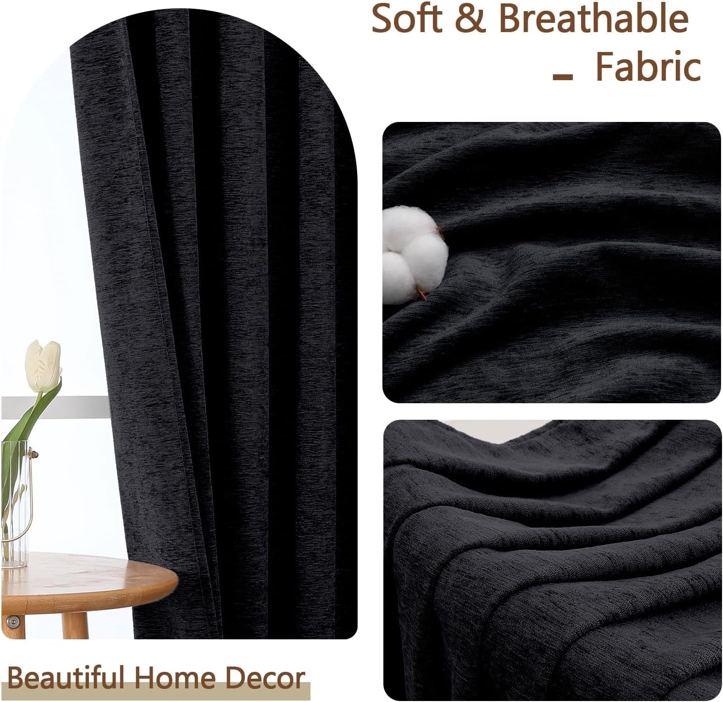 Chenille Black Curtains 72 Inch Length 2 Panels, Light Filtering Luxury Window Curtains, Back Tab Privacy Soft Velvet Window Curtain Drapes for Bedroom Living Room, 40" Wx72 L