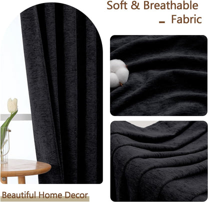 Chenille Black Curtains 72 Inch Length 2 Panels, Light Filtering Luxury Window Curtains, Back Tab Privacy Soft Velvet Window Curtain Drapes for Bedroom Living Room, 40" Wx72 L