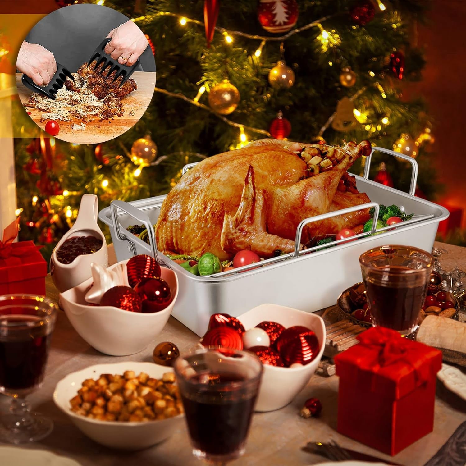 16" Roasting Pan with Rack, 7 PCS  Stainless Steel Roaster Lasagna Pan with Cooling Flat & V-Shaped Baking Rack, Grilling Chicken Holder, Meat Shredding Claws, Dishwasher & Oven Safe