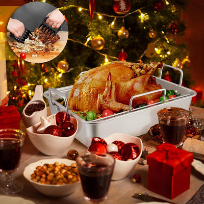 16" Roasting Pan with Rack, 7 PCS  Stainless Steel Roaster Lasagna Pan with Cooling Flat & V-Shaped Baking Rack, Grilling Chicken Holder, Meat Shredding Claws, Dishwasher & Oven Safe