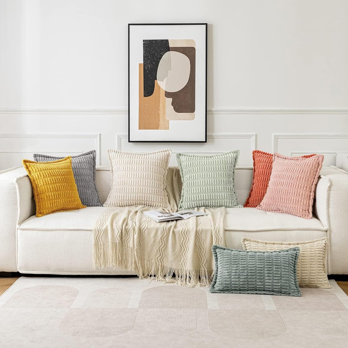 Mustard Yellow Corduroy Decorative Throw Pillow Covers Pack of 2 Soft Striped Pillows Pillowcases with Broad Edge Spring Winter Modern Boho Home Decor for Couch Sofa Bed 18X18 Inch